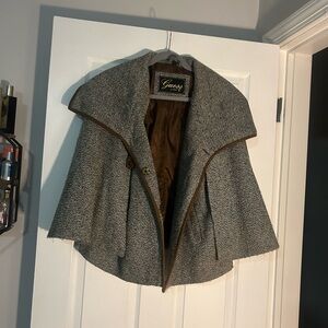 Guess Women's Tweed Gray Cape with Brown Trim